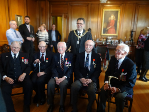 The Lord Provost welcomes recipients of Chevalier de la Légion d’Honneur (L-R) Alexander Addison, Thomas Gilzean, David Watt, Jim Stirling, Alexander Mees